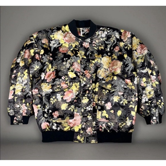 Free People Jackets & Blazers - Free People Black w/Gold Peach Yellow Floral Fully-Lined Bomber Jacket Women XS